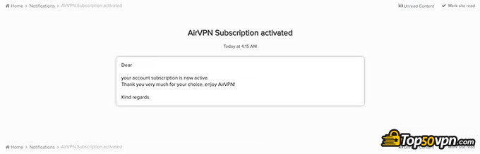 Reseña AirVPN: Suscripción confirmada.