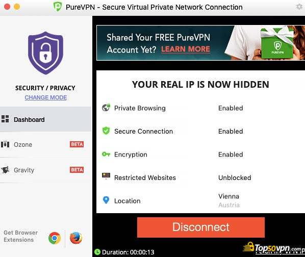 Pure VPN: Interfaz del servicio.